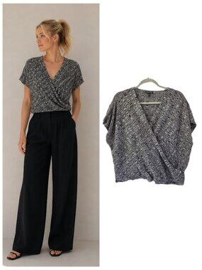 Eileen Fisher Silk Linen Blend Wrap Style Top Short Sleeve Black Gray L